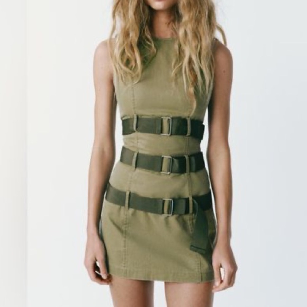 Zara Waxed Dress w/ Belts in Military Green